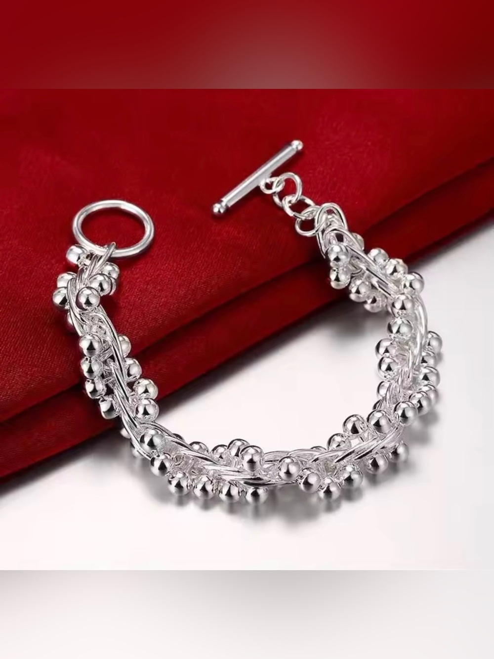 Italian Luxury Boutique 925 Silver Beaded Braided Toggle Bracelet Women Jewelry